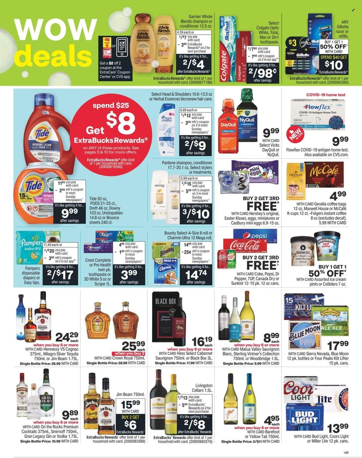thumbnail - CVS Pharmacy Flyer - 01/30/2022 - 02/05/2022 - Sales products - ice cream, Hershey's, Talenti Gelato, Bounty, Cadbury, Thins, Canada Dry, Coca-Cola, Pepsi, Dr. Pepper, 7UP, Maxwell House, instant coffee, Folgers, coffee capsules, McCafe, K-Cups, Gevalia, Cabernet Sauvignon, red wine, white wine, wine, Sauvignon Blanc, Woodbridge, bourbon, cognac, gin, Smirnoff, tequila, vodka, Hennessy, Jim Beam, Pampers, nappies, Charmin, Tide, Unstopables, Bounce, Downy Laundry, shampoo, Colgate, toothpaste, Crest, Garnier, conditioner, Head & Shoulders, Pantene, Herbal Essences, Gillette, razor, Vicks, DayQuil, NyQuil, beer, Bud Light, Miller Lite, Coors, Blue Moon. Page 2.