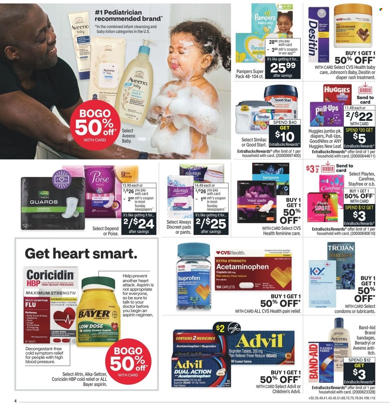 thumbnail - CVS Pharmacy Flyer - 01/30/2022 - 02/05/2022 - Sales products - Similac, Huggies, Pampers, pants, nappies, Johnson's, Aveeno, ointment, Stayfree, Playtex, sanitary pads, Carefree, tampons, body lotion, Sure, Pamper, pain relief, Afrin, Coricidin, Ibuprofen, Advil Rapid, Alka-seltzer, Low Dose, aspirin, Bayer, Desitin. Page 5.