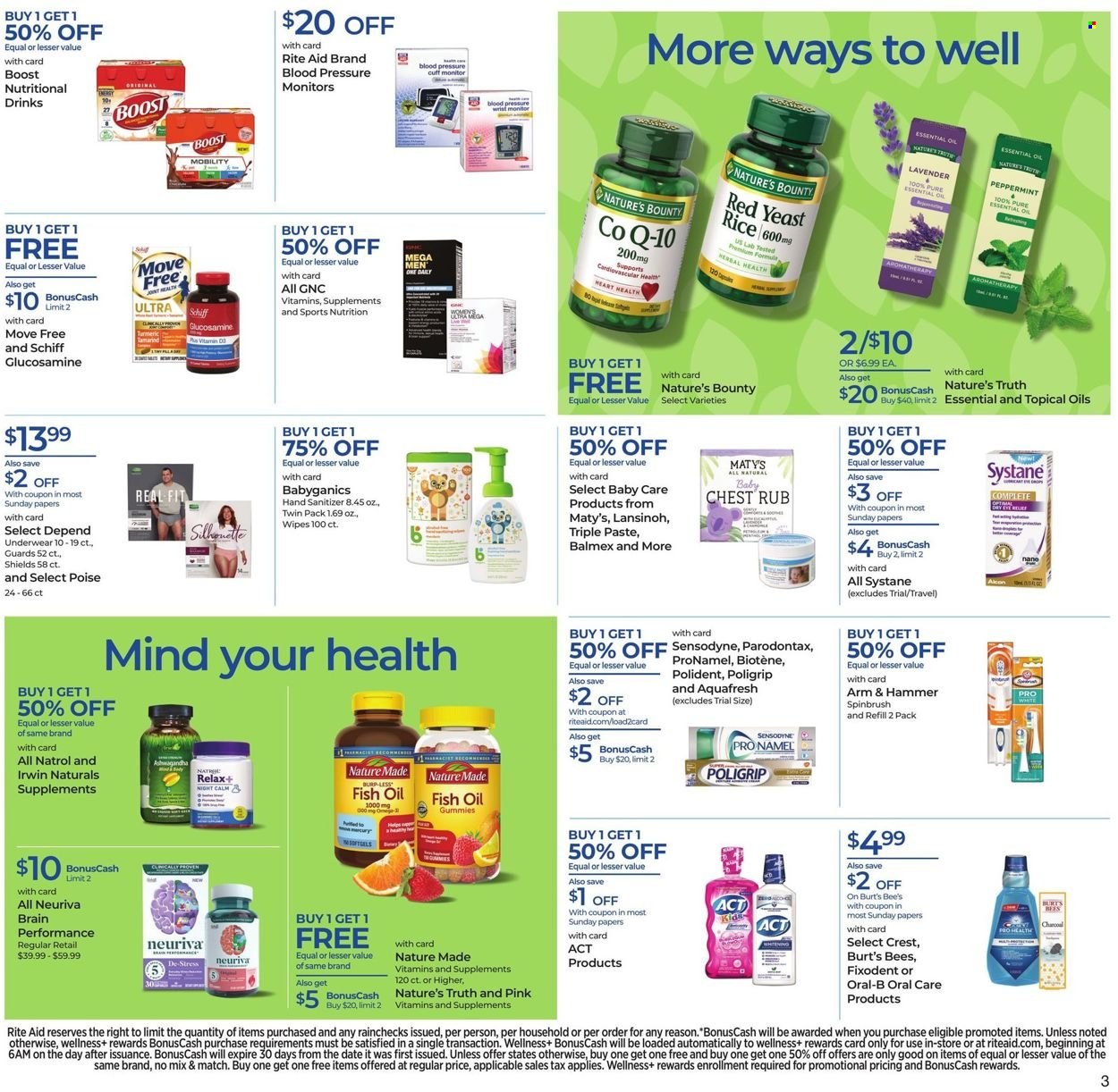 thumbnail - RITE AID Flyer - 01/30/2022 - 02/05/2022 - Sales products - ARM & HAMMER, rice, oil, Boost, wipes, Biotene, Oral-B, Sensodyne, Fixodent, Polident, Crest, hand sanitizer, fish oil, glucosamine, Move Free, Natrol, Nature Made, Nature's Bounty, Nature's Truth, Systane. Page 5.
