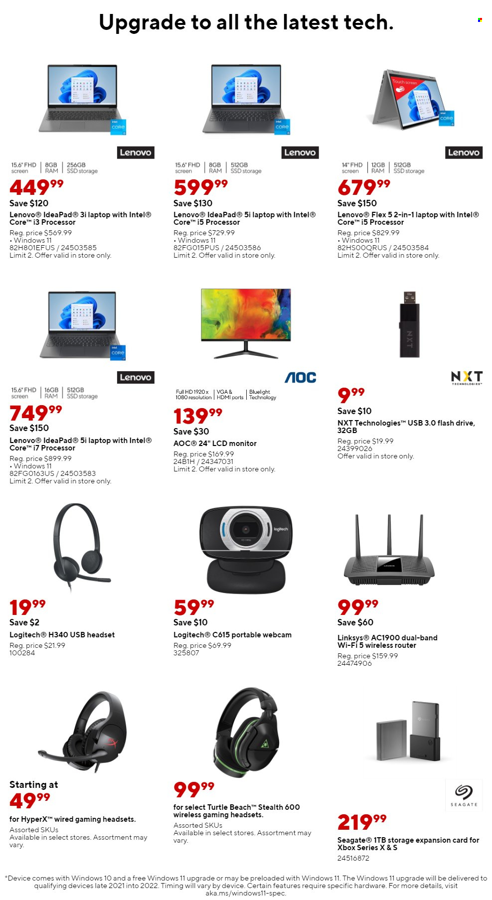 thumbnail - Staples Flyer - 01/30/2022 - 02/05/2022 - Sales products - Intel, Lenovo, Linksys, webcam, router, laptop, HyperX, Seagate, flash drive, Logitech, monitor, headset. Page 7.