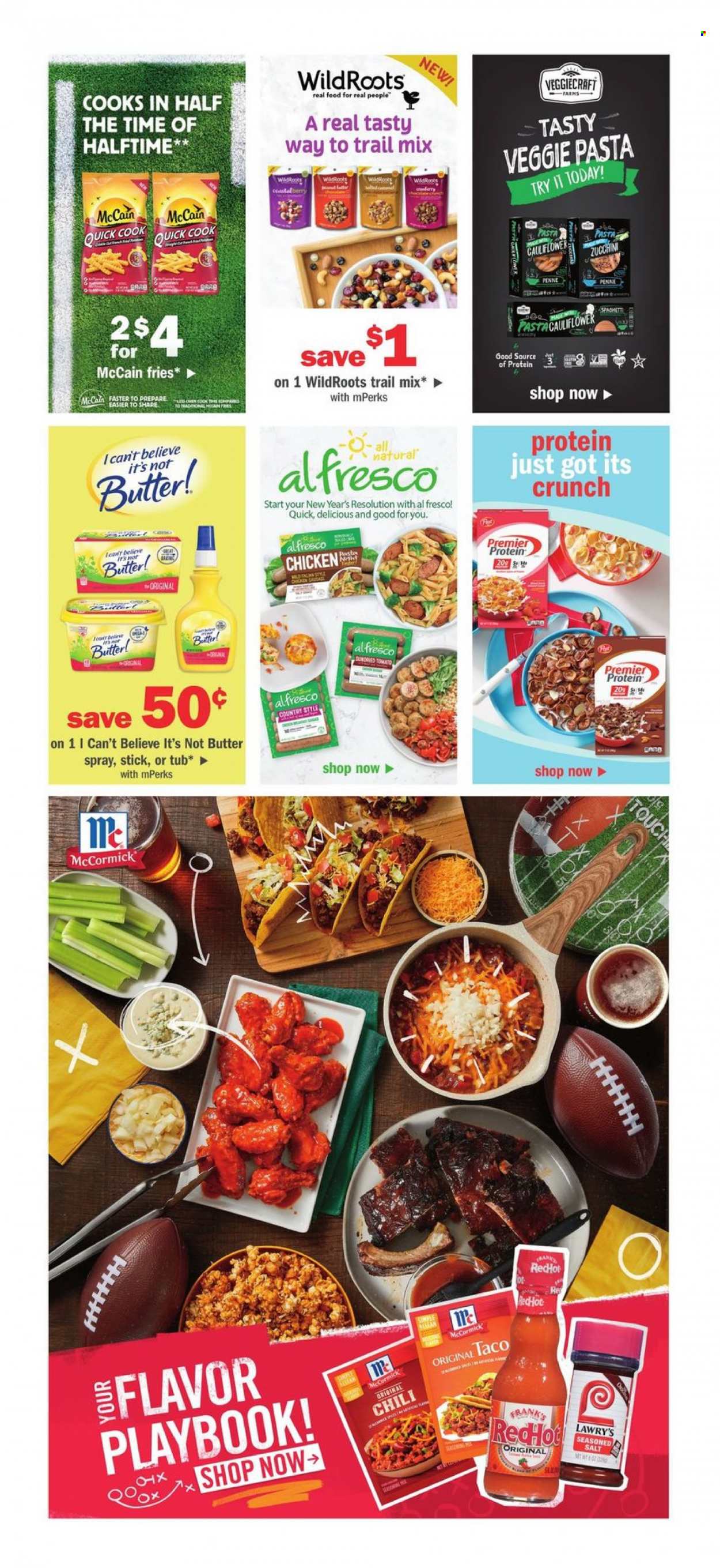 thumbnail - Meijer Flyer - 01/30/2022 - 02/05/2022 - Sales products - cauliflower, zucchini, pasta, butter, I Can't Believe It's Not Butter, McCain, potato fries, dried tomatoes, penne, trail mix. Page 4.