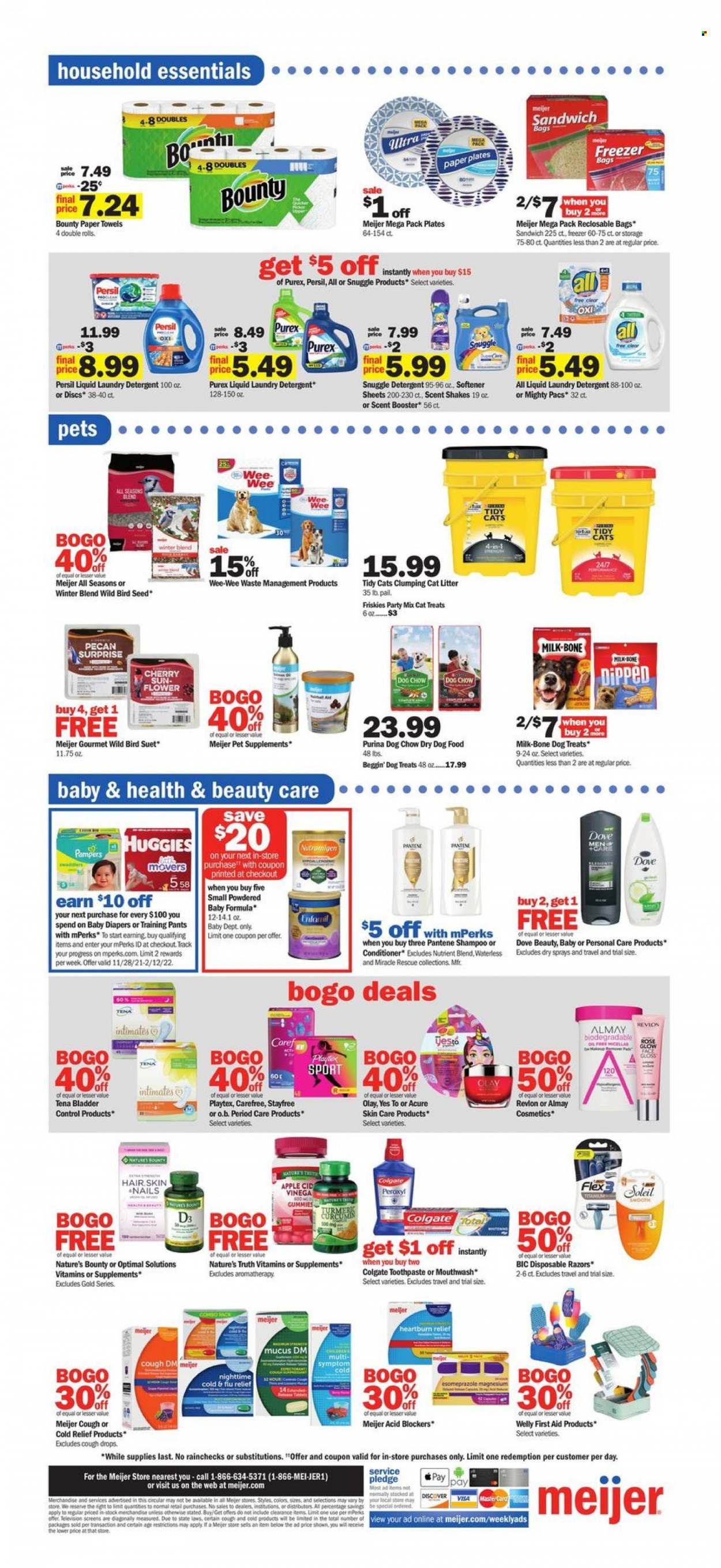 thumbnail - Meijer Flyer - 01/30/2022 - 02/05/2022 - Sales products - Ace, milk, shake, suet, wine, Huggies, Pampers, pants, nappies, baby pants, kitchen towels, paper towels, detergent, Pledge, Snuggle, Persil, fabric softener, laundry detergent, Purex, Dove, shampoo, Colgate, toothpaste, mouthwash, Stayfree, Playtex, Tena Lady, Carefree, Almay, Olay, conditioner, Revlon, Pantene, BIC, disposable razor, plate, freezer bag, cat litter, Wee-Wee, animal food, bird food, dog food, Dog Chow, Purina, dry dog food, Beggin', Friskies, Cold & Flu, magnesium, Nature's Bounty, Nature's Truth, vitamin D3, cough drops. Page 13.