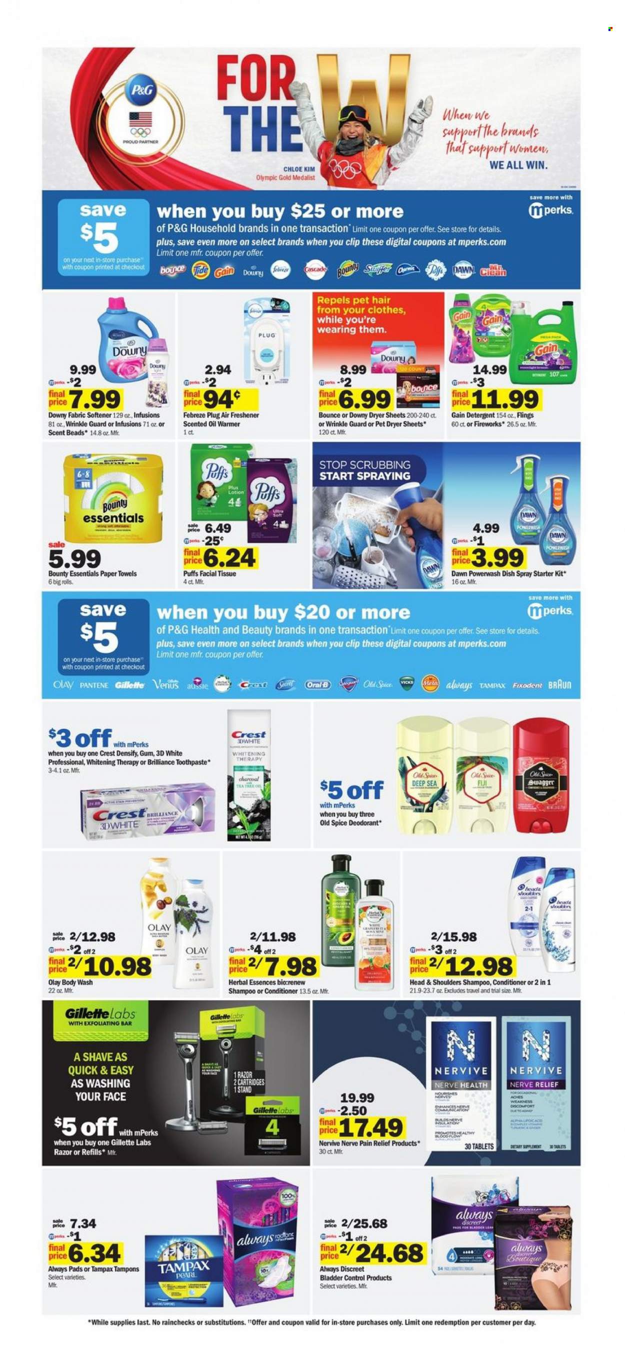 thumbnail - Meijer Flyer - 01/30/2022 - 02/05/2022 - Sales products - puffs, MTR, Bounty, rice, spice, oil, tissues, kitchen towels, paper towels, detergent, Febreze, Gain, Cascade, Tide, fabric softener, dryer sheets, Downy Laundry, body wash, shampoo, Old Spice, Oral-B, toothpaste, Fixodent, Crest, Tampax, Always pads, Always Discreet, tampons, Olay, Aussie, conditioner, Head & Shoulders, Pantene, Herbal Essences, anti-perspirant, Chloé, deodorant, Gillette, razor, Venus, Vicks, air freshener, scented oil, pain relief. Page 17.