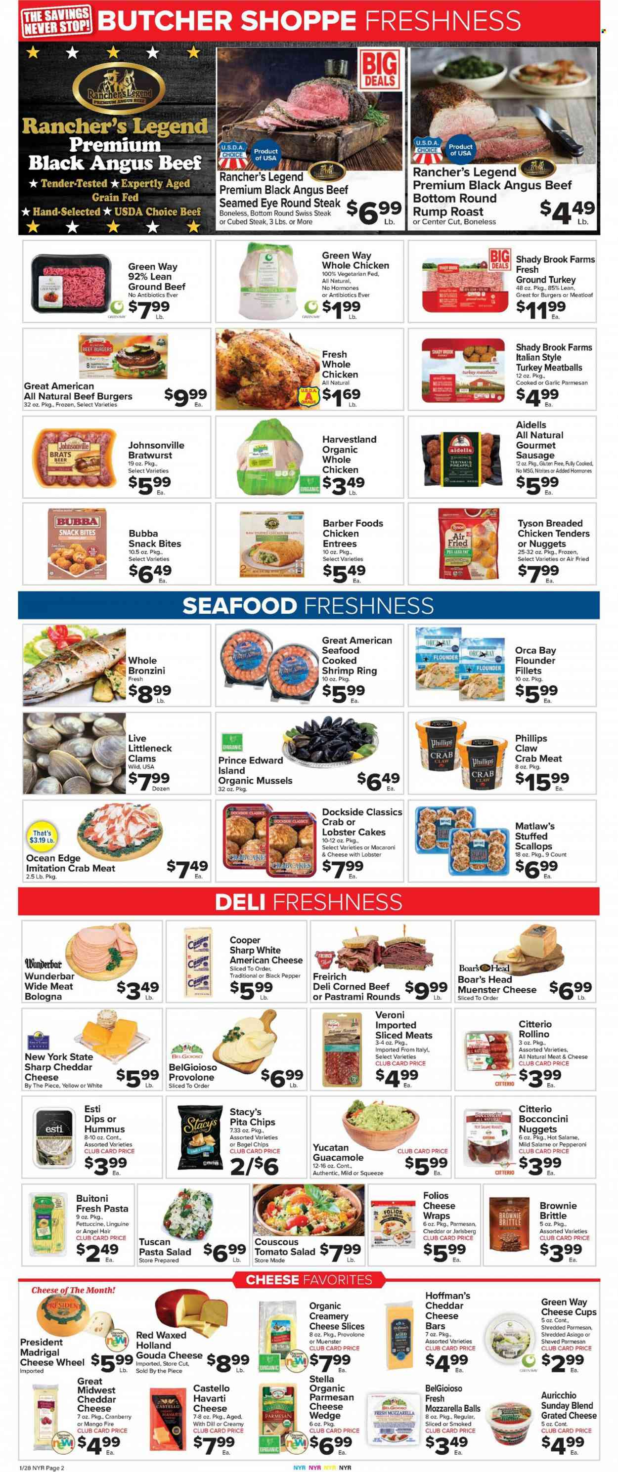 thumbnail - Foodtown Flyer - 01/28/2022 - 02/03/2022 - Sales products - cake, snack, pineapple, clams, fish fillets, flounder, mussels, scallops, seafood, Orca Bay, crab sticks, lobster cakes, meatballs, nuggets, hamburger, meatloaf, beef burger, Buitoni, Boar's Head, breaded chicken, salami, pastrami, salami wrapped cheese, bologna sausage, Johnsonville, sliced meat, bratwurst, pepperoni, hummus, guacamole, pasta salad, corned beef, american cheese, asiago, bocconcini, gouda, shredded cheese, sliced cheese, Havarti, cheddar, cheese cup, Münster cheese, grated cheese, Président, Provolone, dip, cookies, Brownie Brittle, bars, bagel crisps, pita chips, couscous, black pepper, alcohol, beer, ground turkey, whole chicken, turkey, steak, beef tenderloin, round steak. Page 2.