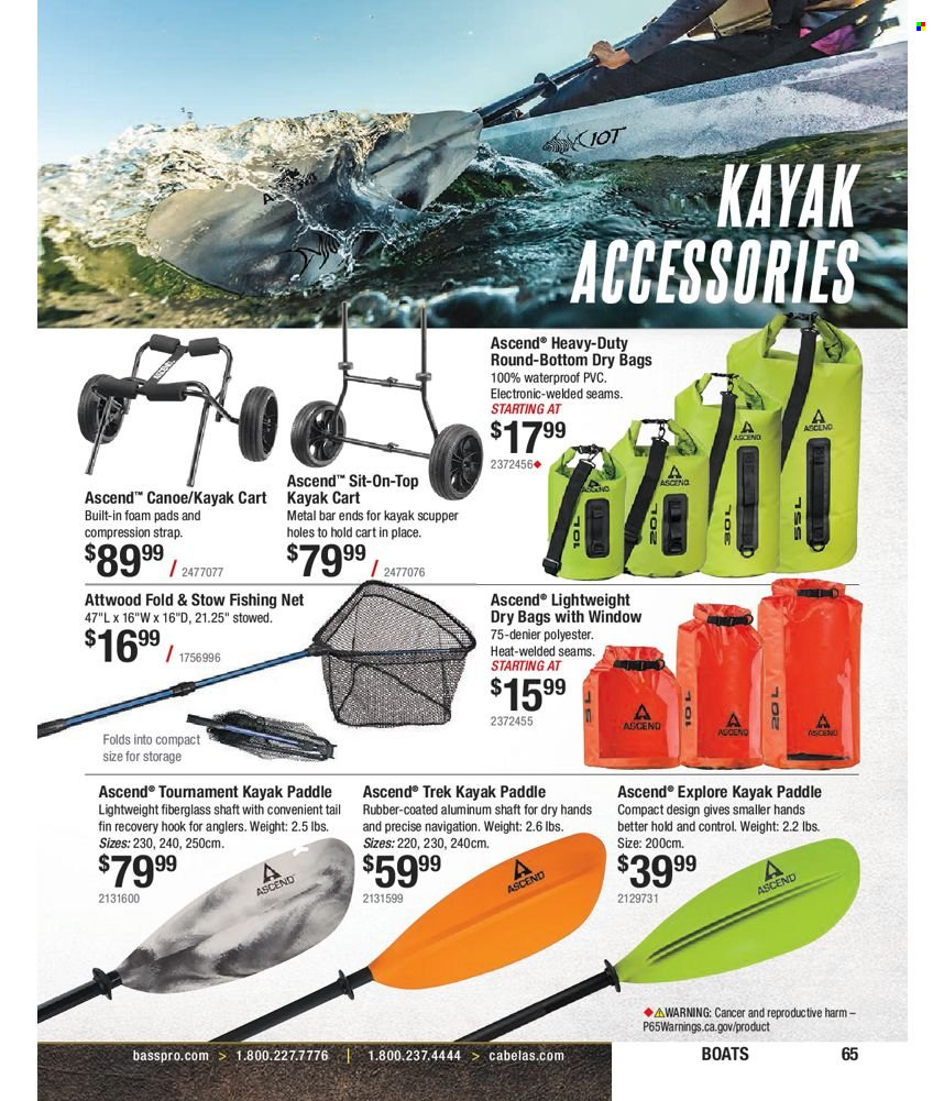 thumbnail - Bass Pro Shops Flyer - Sales products - kayak, kayak paddle, cart. Page 65.