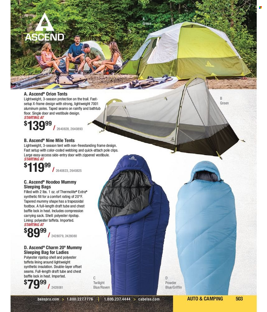 thumbnail - Cabela's Flyer - Sales products - sleeping bag, tent, Shell. Page 503.