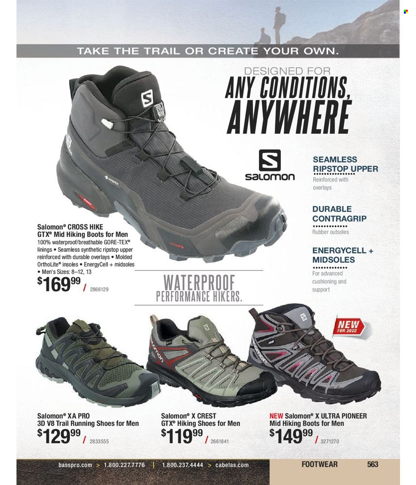 thumbnail - Cabela's Flyer - Sales products - boots, running shoes, Salomon, shoes, hiking shoes. Page 563.