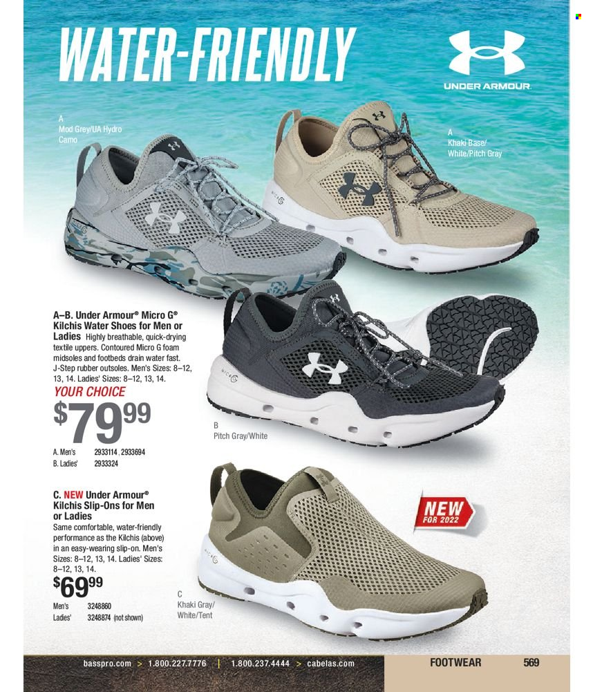 thumbnail - Cabela's Flyer - Sales products - shoes, slip-on shoes, Under Armour, water shoes, tent. Page 569.