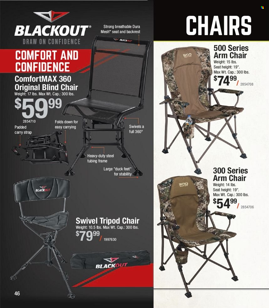 thumbnail - Cabela's Flyer - Sales products - tripod, tripod chair, arm chair, chair, blackout. Page 46.