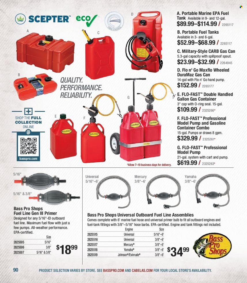 thumbnail - Cabela's Flyer - Sales products - tank, Bass Pro, gallon, cart. Page 90.