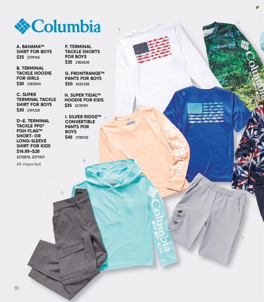 thumbnail - Bass Pro Shops Flyer - Sales products - Columbia, hoodie, shorts, pants, long-sleeve shirt, shirt. Page 70.