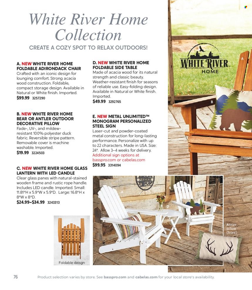 thumbnail - Bass Pro Shops Flyer - Sales products - candle, pillow, sidetable, table, chair, lantern. Page 76.