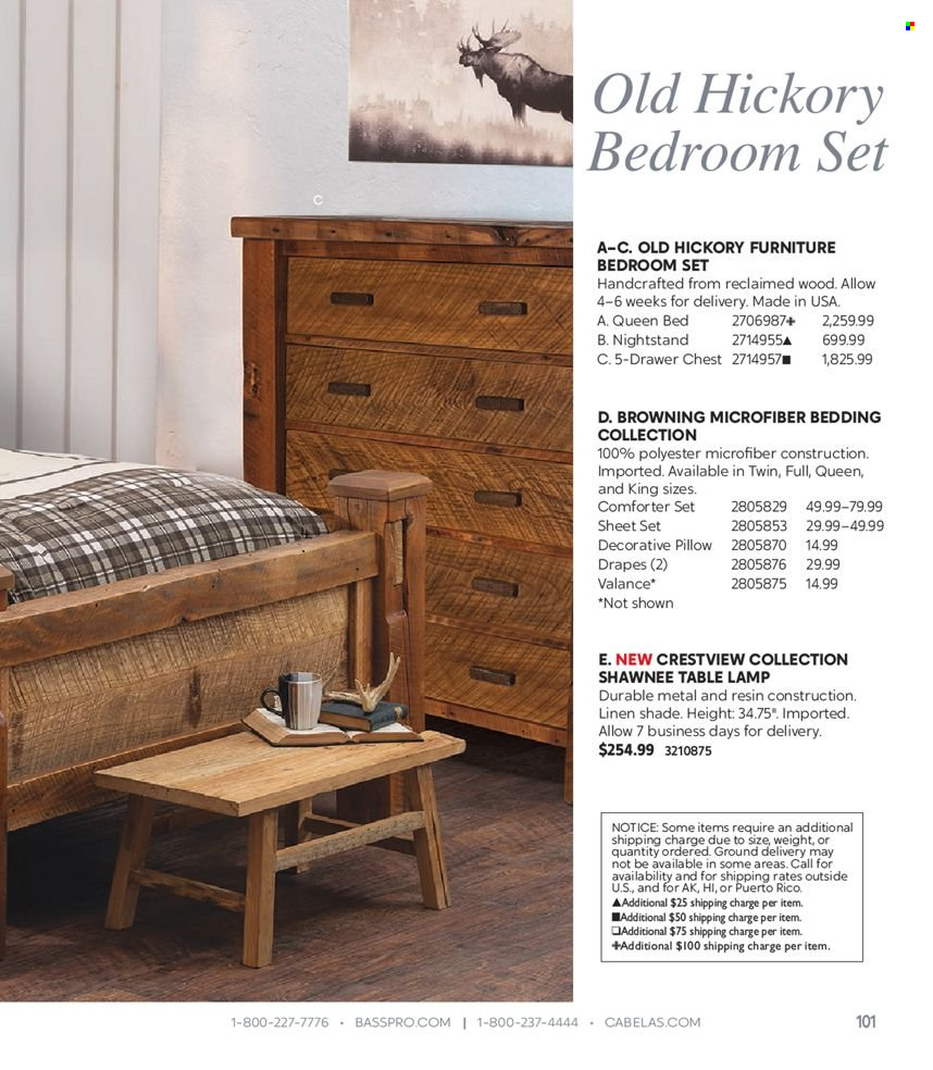 thumbnail - Cabela's Flyer - Sales products - bedding, linens, pillow, bed, queen bed, nightstand, Browning, lamp, table lamp. Page 101.