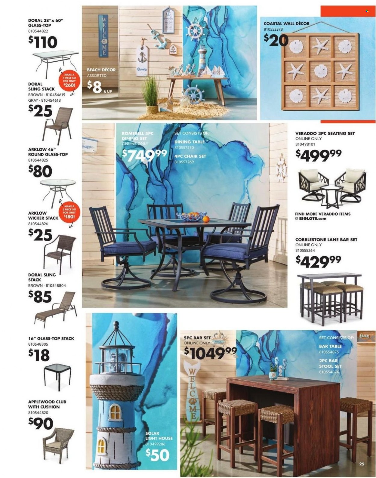 thumbnail - Big Lots Flyer - 03/24/2022 - 07/05/2022 - Sales products - dining set, dining table, table, stool, chair, bar stool, seating set, coctail table, wall decor, solar light. Page 25.