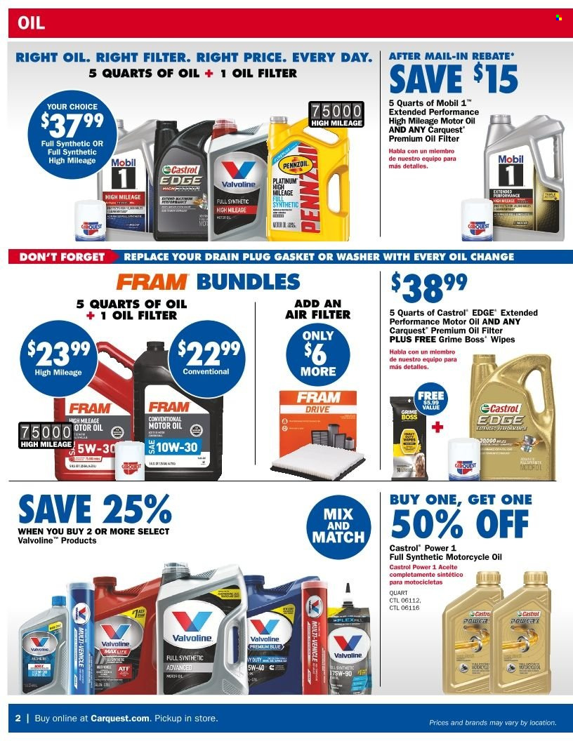 thumbnail - Carquest Flyer - 03/31/2022 - 05/25/2022 - Sales products - air filter, oil filter, Mobil, motor oil, Valvoline, Castrol. Page 2.