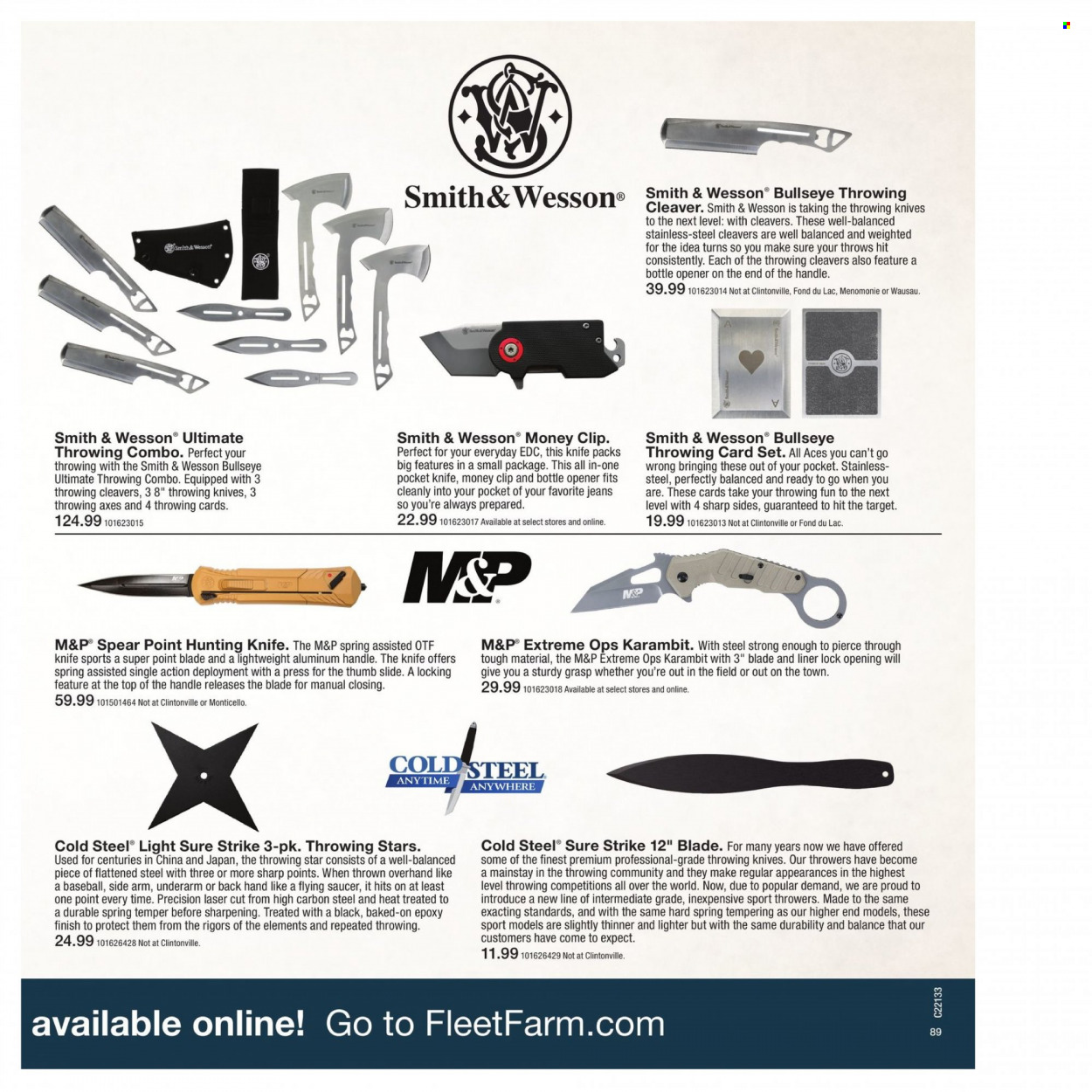 thumbnail - Fleet Farm Flyer - 03/28/2022 - 07/03/2022 - Sales products - Target, knife, saucer, bottle opener, jeans, pocket knife. Page 89.