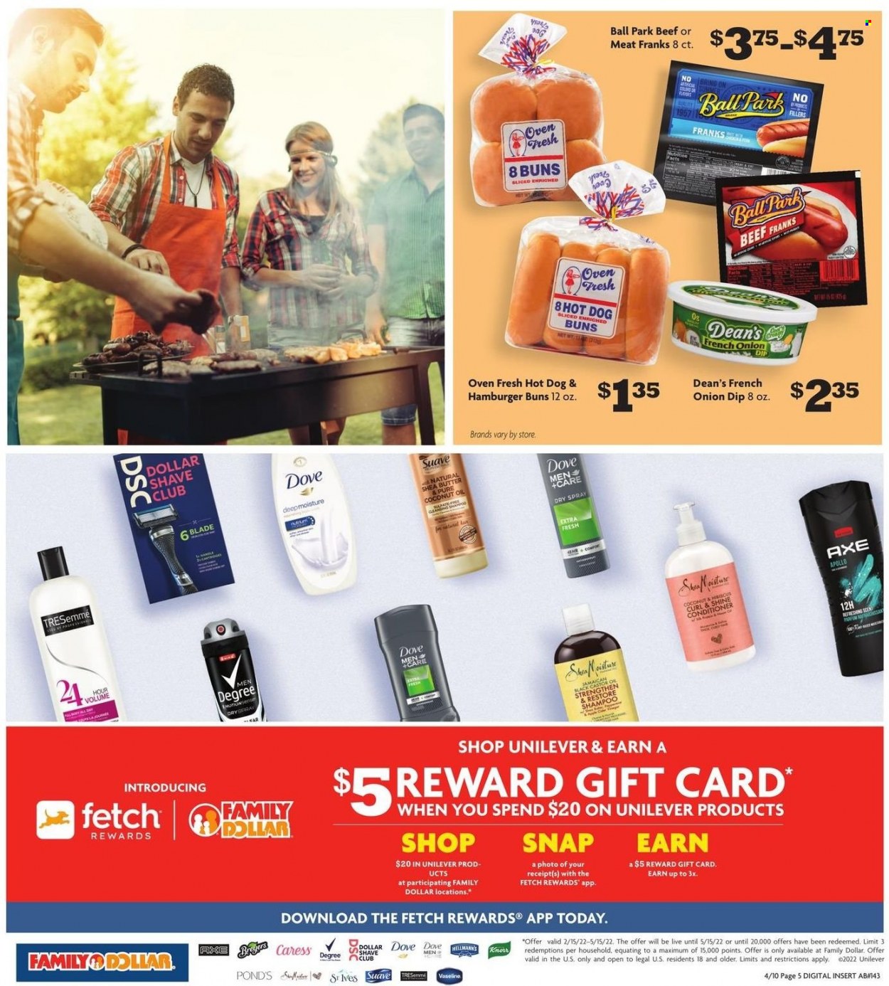 thumbnail - Family Dollar Flyer - 04/10/2022 - 06/25/2022 - Sales products - buns, burger buns, hot dog, Knorr, dip, oil, Dove, Suave, Vaseline, POND'S, Dollar Shave Club, TRESemmé, shea butter, Axe. Page 5.