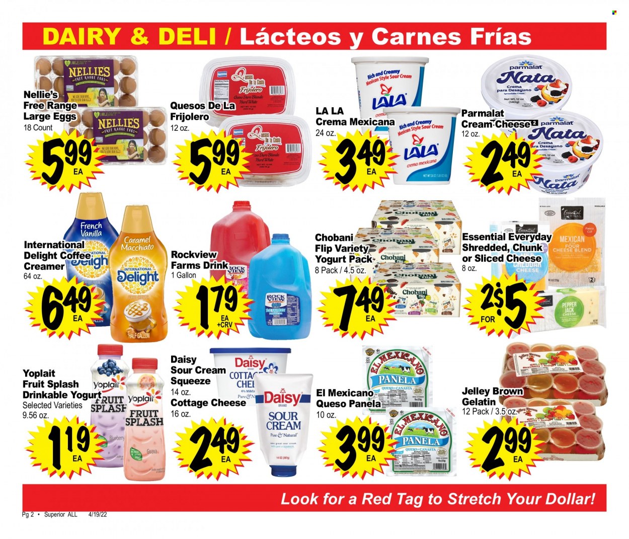 thumbnail - Superior Grocers Flyer - 04/19/2022 - 05/23/2022 - Sales products - guava, cottage cheese, sliced cheese, cheddar, Pepper Jack cheese, cheese, yoghurt, Parmalat, Yoplait, Chobani, large eggs, sour cream, creamer, caramel, gelatin. Page 2.