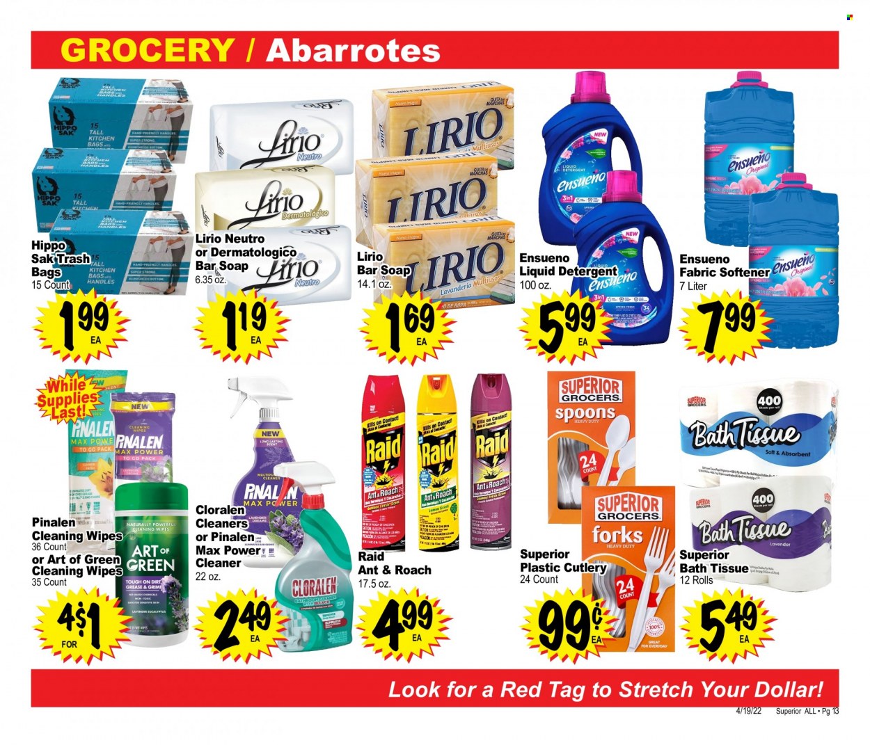 thumbnail - Superior Grocers Flyer - 04/19/2022 - 05/23/2022 - Sales products - fabric softener, liquid detergent, cleansing wipes, spoon, disposable cutlery, bag. Page 13.