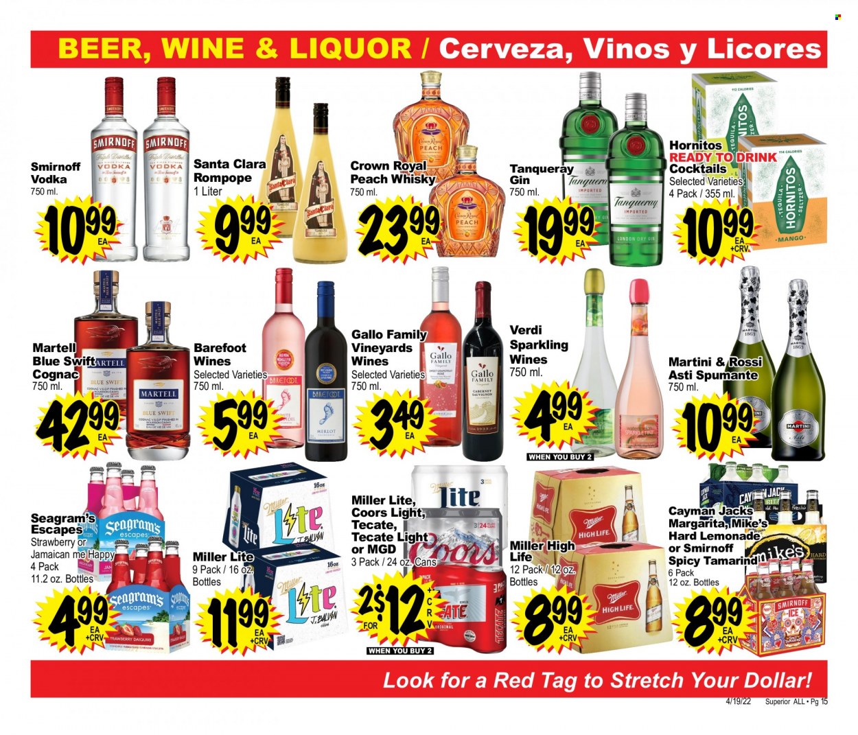 thumbnail - Superior Grocers Flyer - 04/19/2022 - 05/23/2022 - Sales products - tamarind, lemonade, sparkling wine, spumante, wine, Gallo Family, cognac, gin, Smirnoff, vodka, liquor, Martini, whisky, beer, Miller Lite, Coors. Page 15.