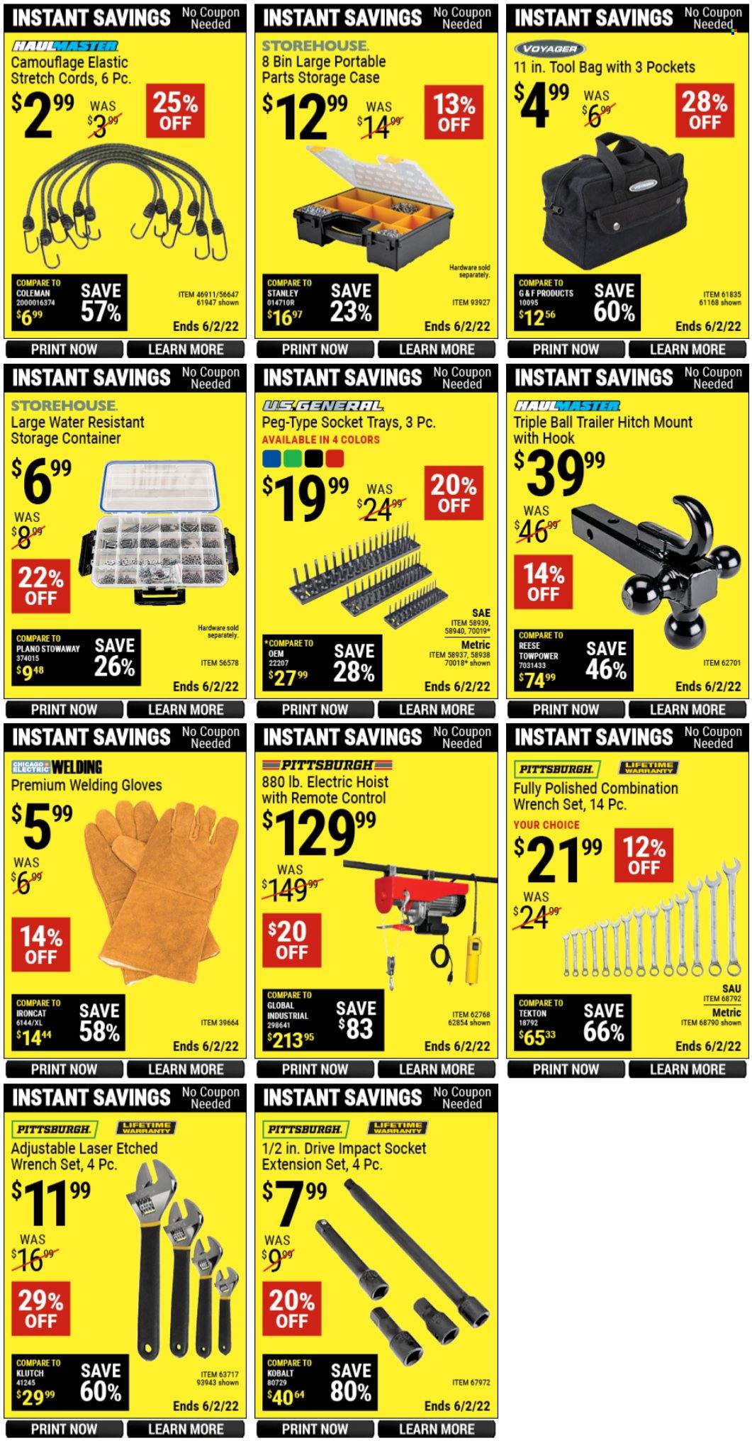 thumbnail - Harbor Freight Flyer - 04/22/2022 - 06/02/2022 - Sales products - remote control, bag, Coleman, wrench, wrench set, gloves, welding gloves, storage box, trailer, tool bag, container. Page 6.