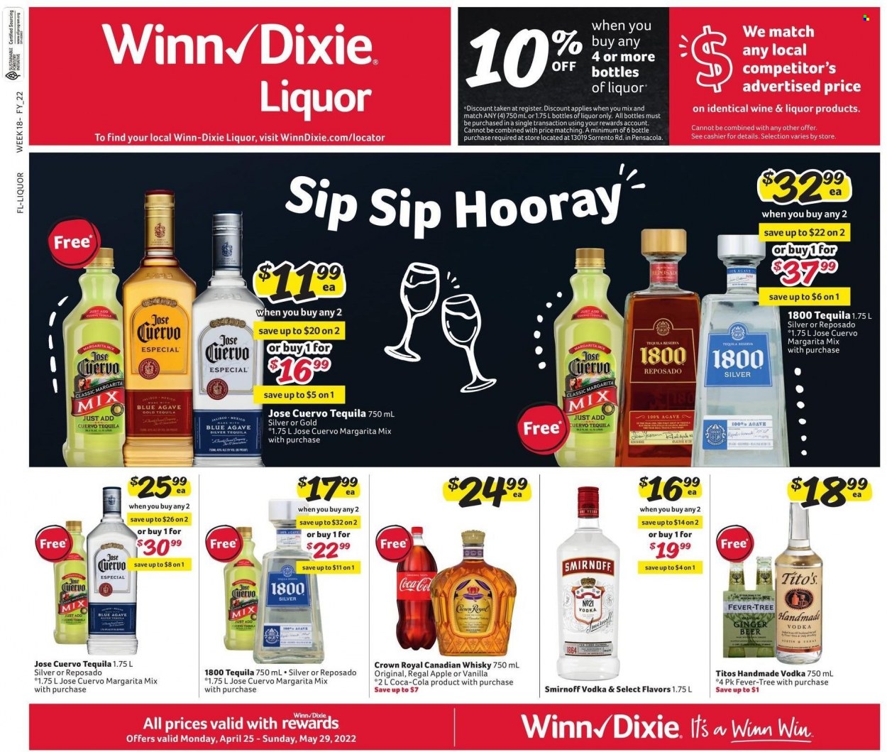 thumbnail - Winn Dixie Flyer - 04/25/2022 - 05/29/2022 - Sales products - Coca-Cola, Margarita Mix, wine, canadian whisky, Smirnoff, tequila, vodka, liquor, whisky, beer, ginger beer. Page 1.