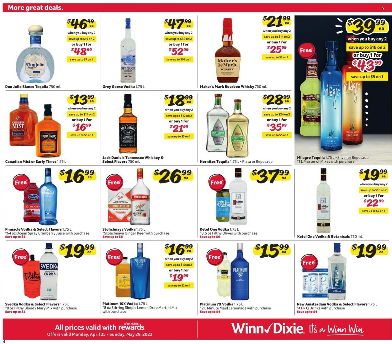 thumbnail - Winn Dixie Flyer - 04/25/2022 - 05/29/2022 - Sales products - Jack Daniel's, blue cheese, cheese, olives, cranberry juice, lemonade, juice, fruit punch, bourbon, Tennessee Whiskey, tequila, vodka, whiskey, Martini, whisky, beer, ginger beer. Page 4.
