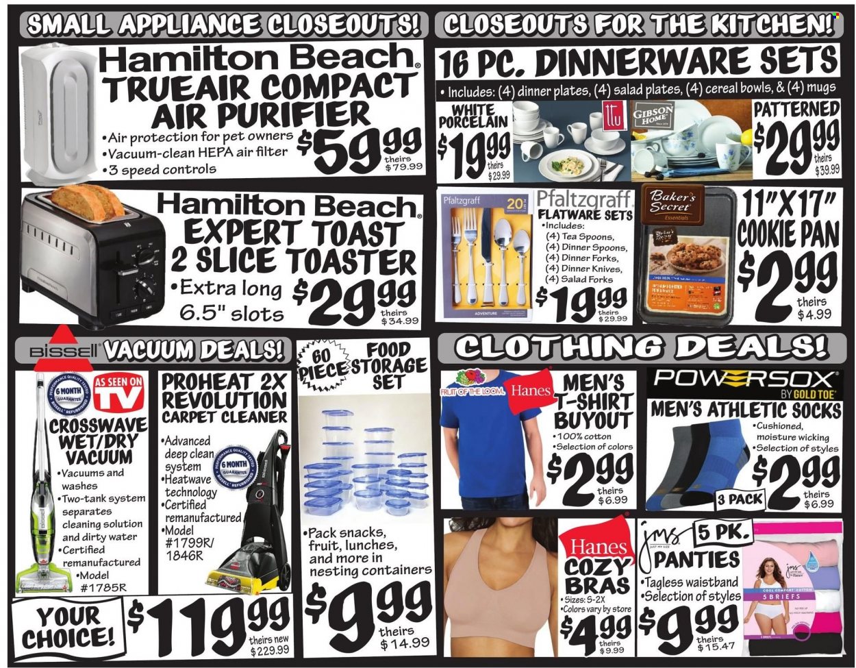 thumbnail - Ollie's Bargain Outlet Flyer - 05/19/2022 - 05/26/2022 - Sales products - dinnerware set, flatware, knife, spoon, plate, pan, dinner plate, storage container set, tank, Bakers, Bissell, vacuum cleaner, toaster, t-shirt, socks, bra, briefs, air filter, cleaner. Page 4.