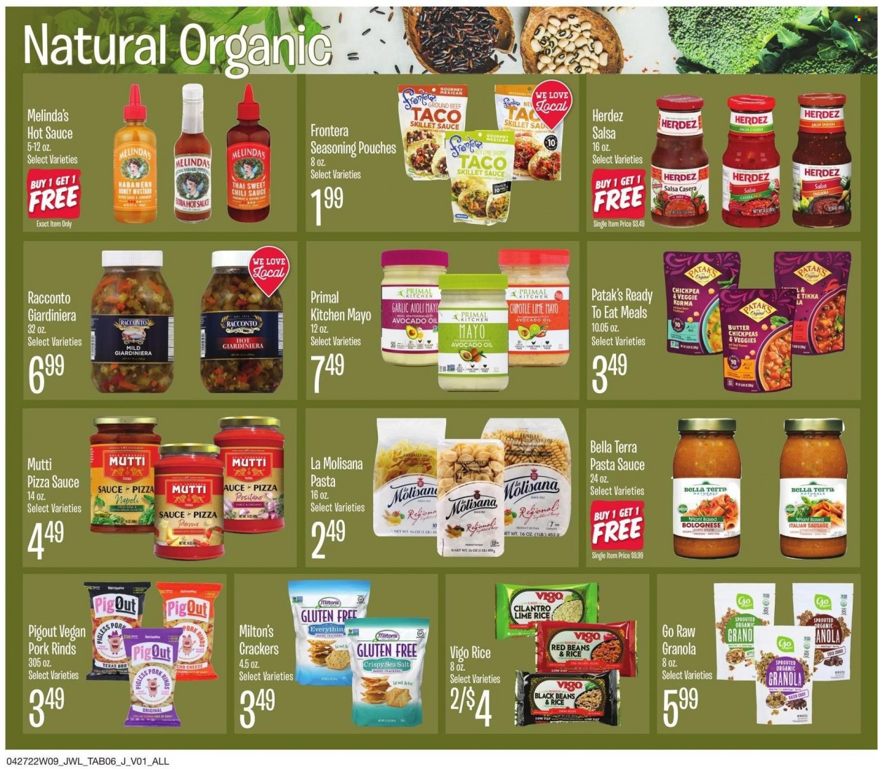 thumbnail - Jewel Osco Flyer - 04/27/2022 - 05/31/2022 - Sales products - beans, Bella, garlic, pasta sauce, sauce, sausage, butter, mayonnaise, crackers, PigOut, black beans, red beans, granola, chickpeas, cilantro, spice, mustard, hot sauce, chilli sauce, salsa, avocado oil, oil, beef meat, ground beef, Primal. Page 6.
