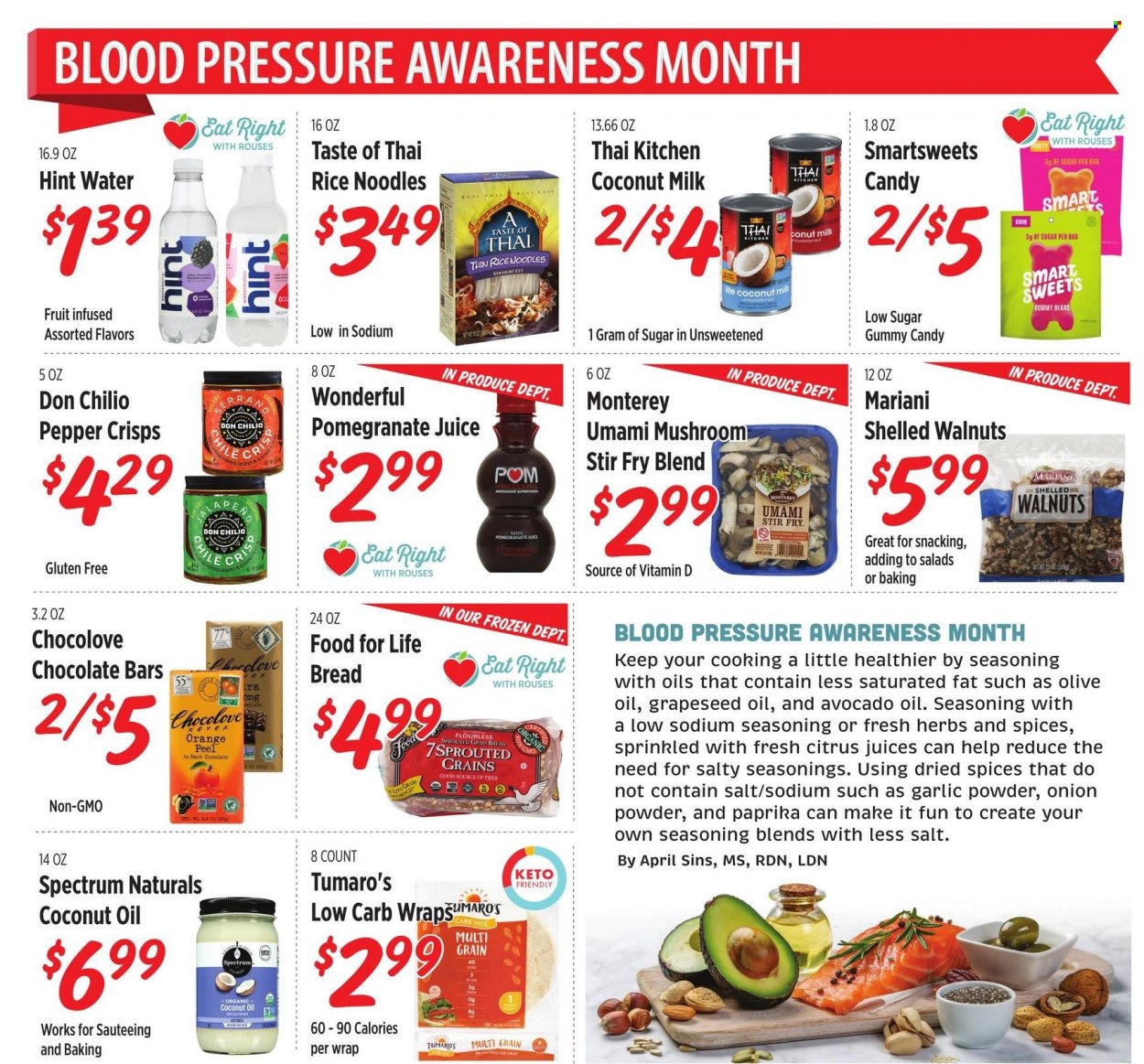 thumbnail - Rouses Markets Flyer - 04/27/2022 - 05/25/2022 - Sales products - bread, oranges, noodles, dark chocolate, chocolate bar, salt, coconut milk, rice vermicelli, pepper, spice, herbs, garlic powder, onion powder, coconut oil, grape seed oil, walnuts, juice, Spectrum, pomegranate. Page 4.