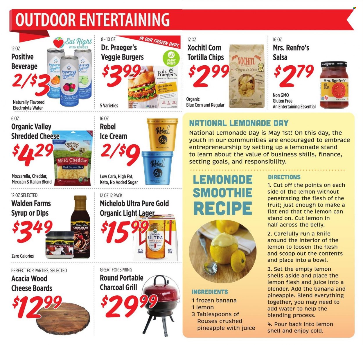 thumbnail - Rouses Markets Flyer - 04/27/2022 - 05/25/2022 - Sales products - corn, pineapple, veggie burger, mild cheddar, mozzarella, shredded cheese, marshmallows, tortilla chips, quinoa, salsa, syrup, lemonade, Boost, beer, Lager, calcium, vitamin c, Michelob. Page 5.