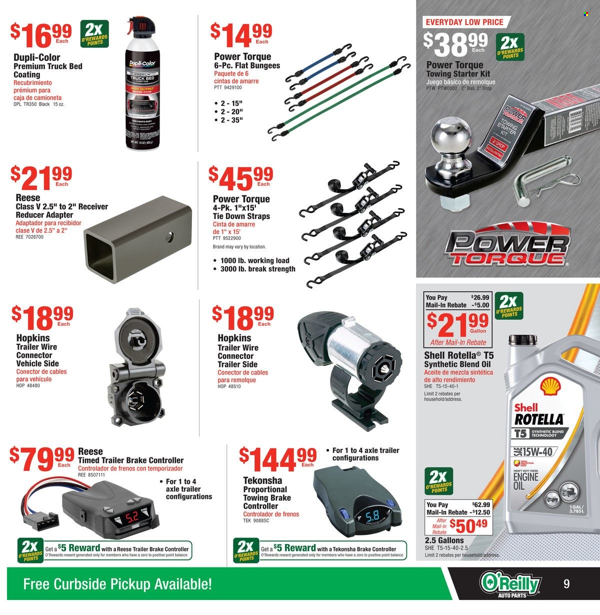thumbnail - O'Reilly Auto Parts Flyer - 04/27/2022 - 05/24/2022 - Sales products - receiver, brake controller, motor oil, Rotella, Shell. Page 9.