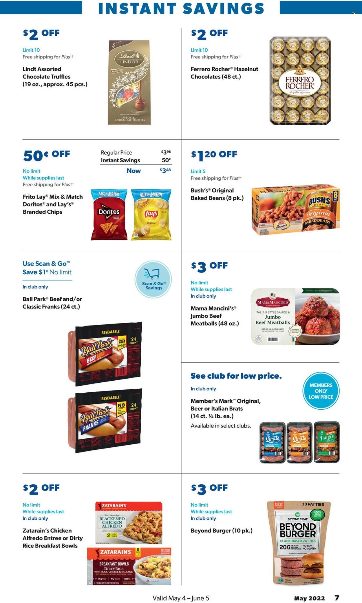 thumbnail - Sam's Club Flyer - 05/04/2022 - 06/05/2022 - Sales products - beans, hamburger, meatballs, breakfast bowl, eggs, chocolate, Lindt, Lindor, Ferrero Rocher, truffles, Doritos, chips, Lay’s, baked beans, rice, beer. Page 7.