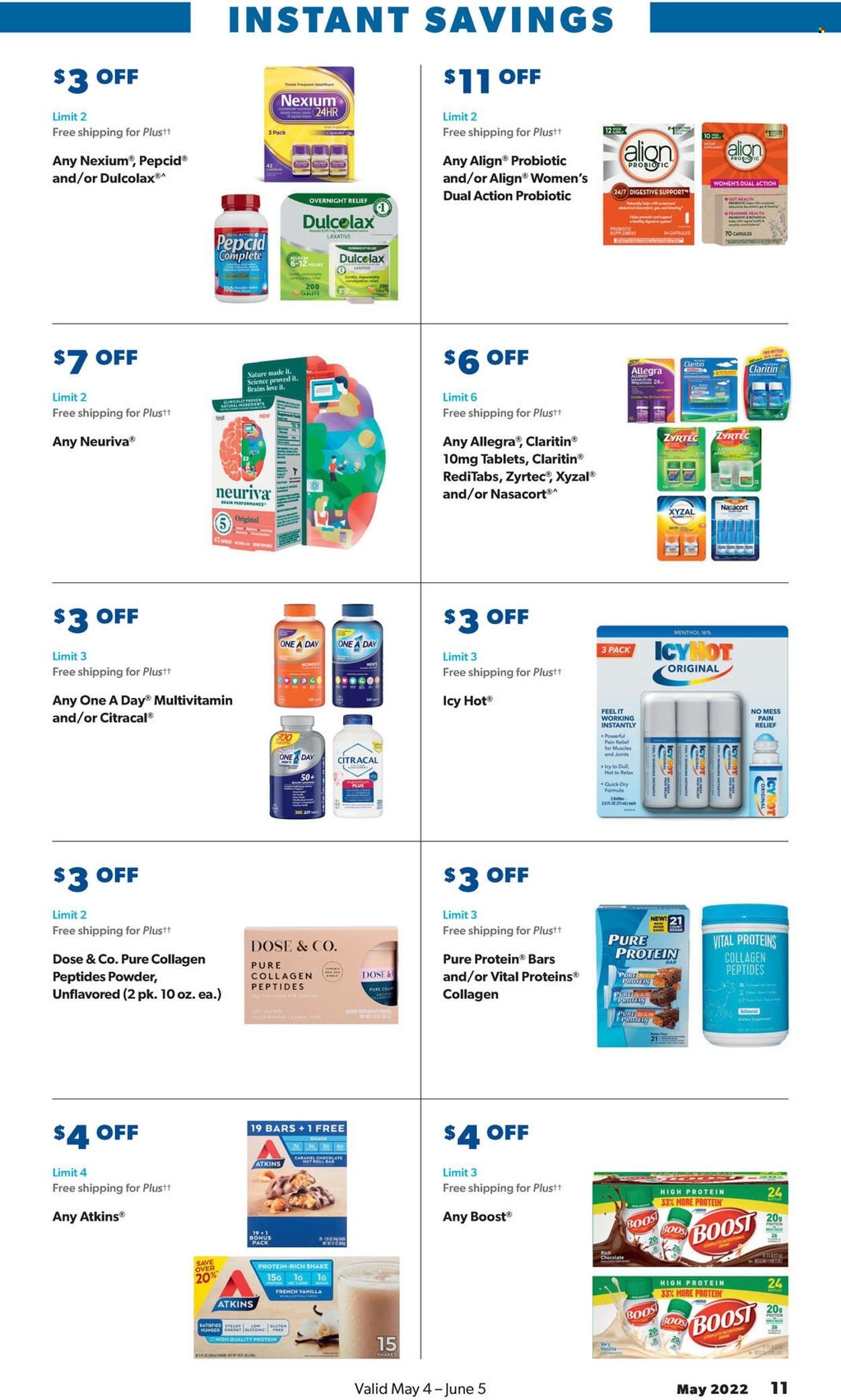 thumbnail - Sam's Club Flyer - 05/04/2022 - 06/05/2022 - Sales products - shake, Digestive, protein bar, Boost, pain relief, Dulcolax, multivitamin, Nature Made, Zyrtec, Pepcid, Nexium, Vital Proteins. Page 11.