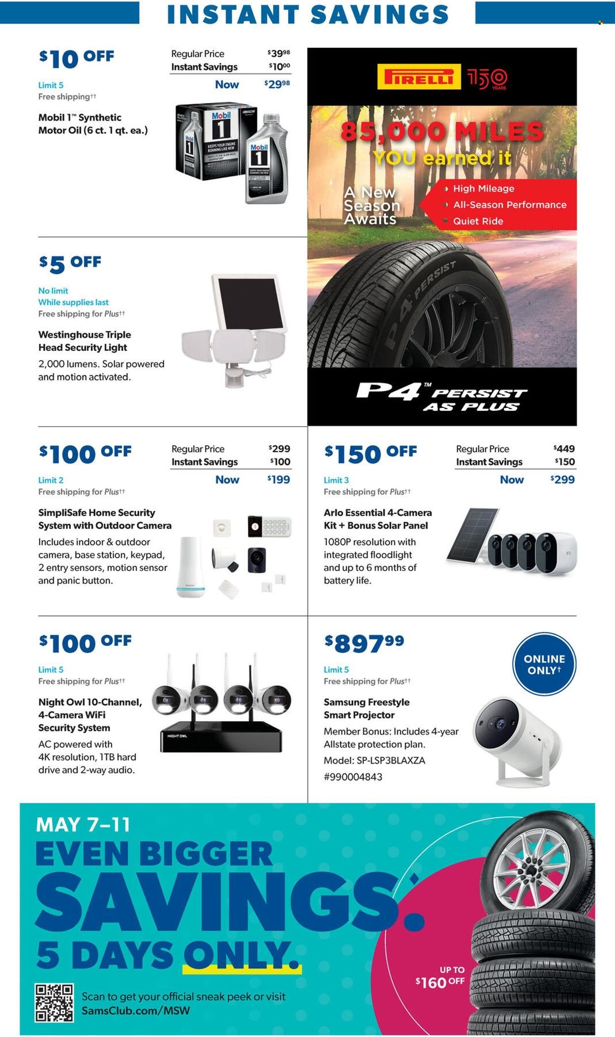 thumbnail - Sam's Club Flyer - 05/04/2022 - 06/05/2022 - Sales products - oil, motion sensor, Samsung, camera, projector, owl, floodlight, Mobil, motor oil. Page 25.