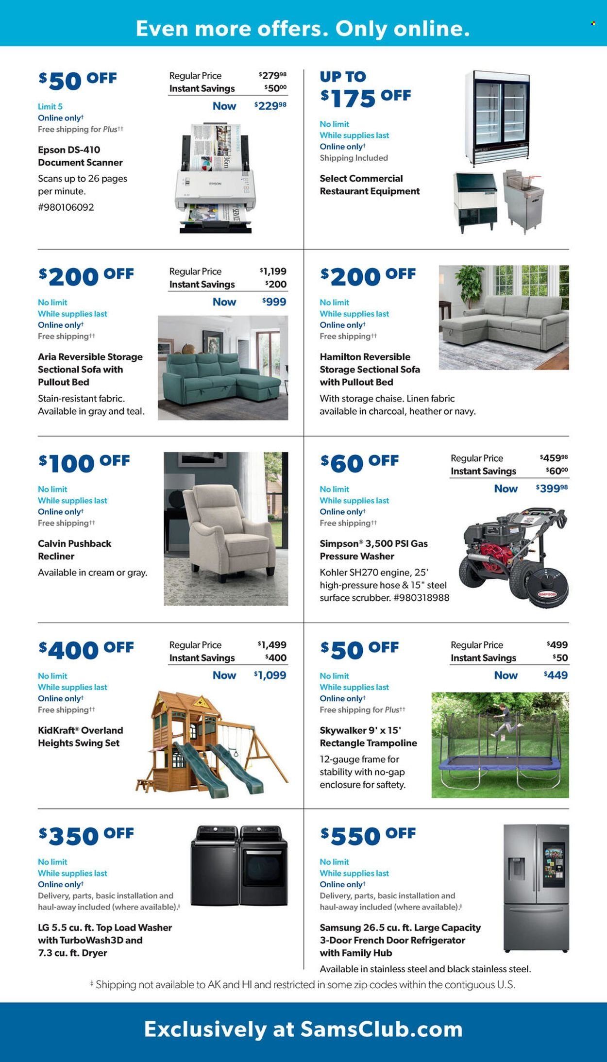thumbnail - Sam's Club Flyer - 05/04/2022 - 06/05/2022 - Sales products - sofa, recliner chair, bed, LG, linens, Epson, french door refrigerator, scanner, trampoline, KidKraft, swing set, pressure washer. Page 26.