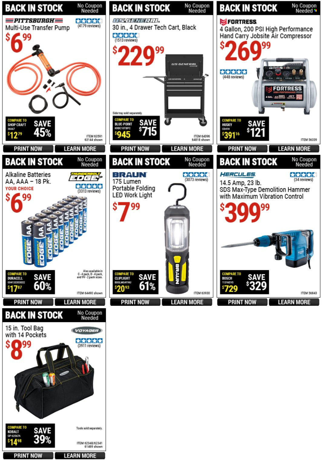 thumbnail - Harbor Freight Flyer - 04/30/2022 - 05/29/2022 - Sales products - battery, Duracell, aa batteries, Braun, bag, work light, hammer, air compressor, cart, tool bag, pump, transfer pumps. Page 4.
