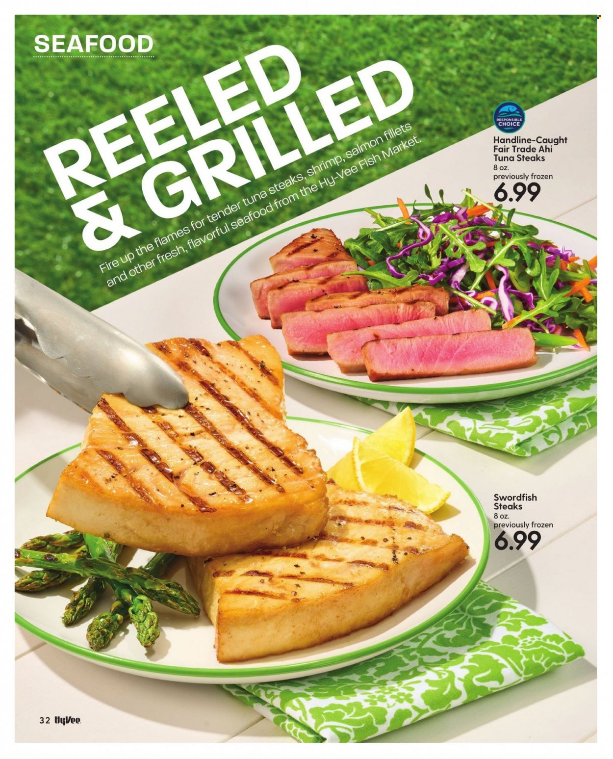 thumbnail - Hy-Vee Flyer - 05/01/2022 - 05/31/2022 - Sales products - salmon, salmon fillet, swordfish, tuna, seafood, shrimps, steak. Page 34.