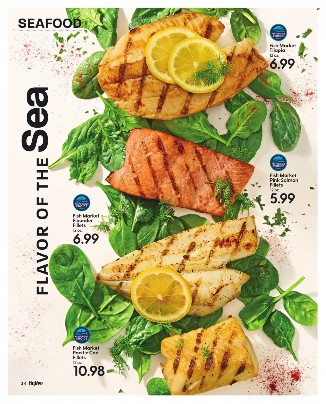 thumbnail - Hy-Vee Flyer - 05/01/2022 - 05/31/2022 - Sales products - cod, flounder, salmon, salmon fillet, tilapia, seafood. Page 36.