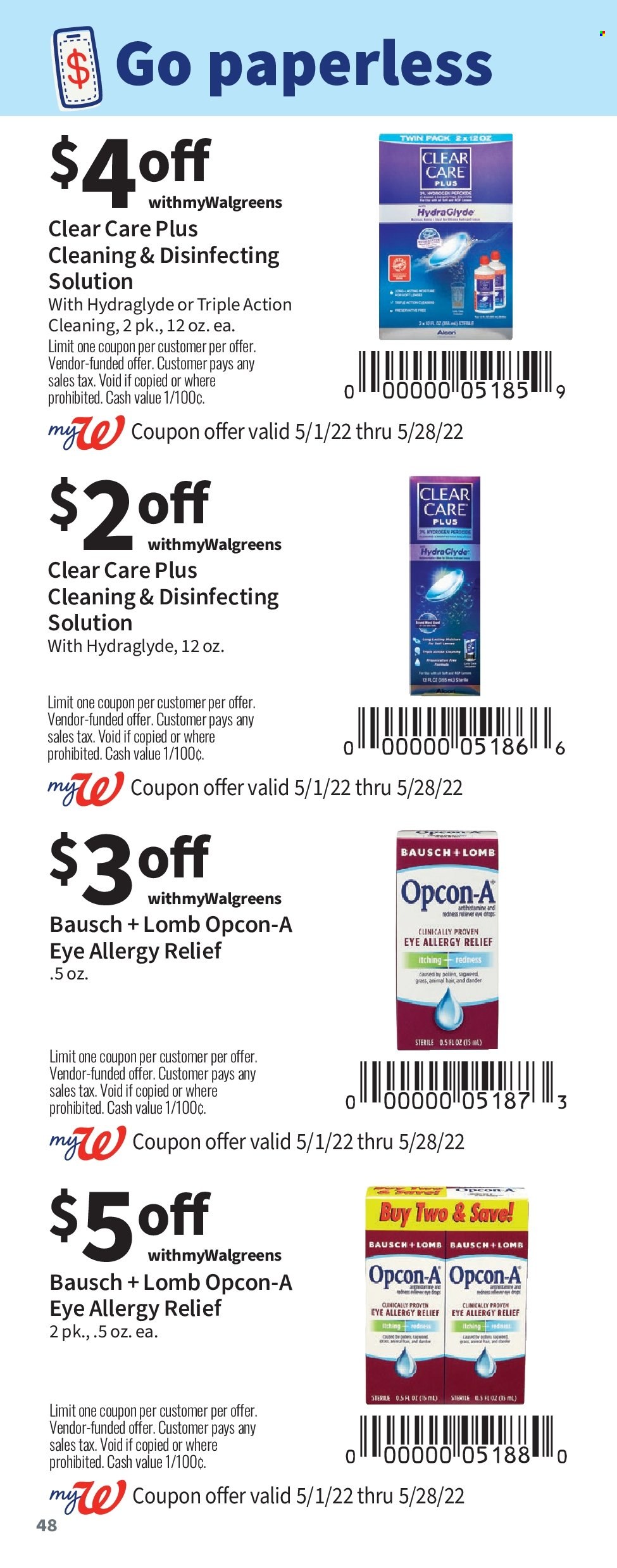 thumbnail - Walgreens Flyer - 05/01/2022 - 05/28/2022 - Sales products - Clear Care, Opcon-A, allergy relief. Page 48.