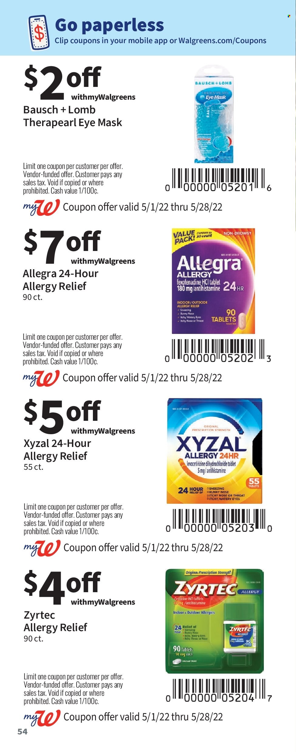 thumbnail - Walgreens Flyer - 05/01/2022 - 05/28/2022 - Sales products - Zyrtec, allergy relief. Page 54.