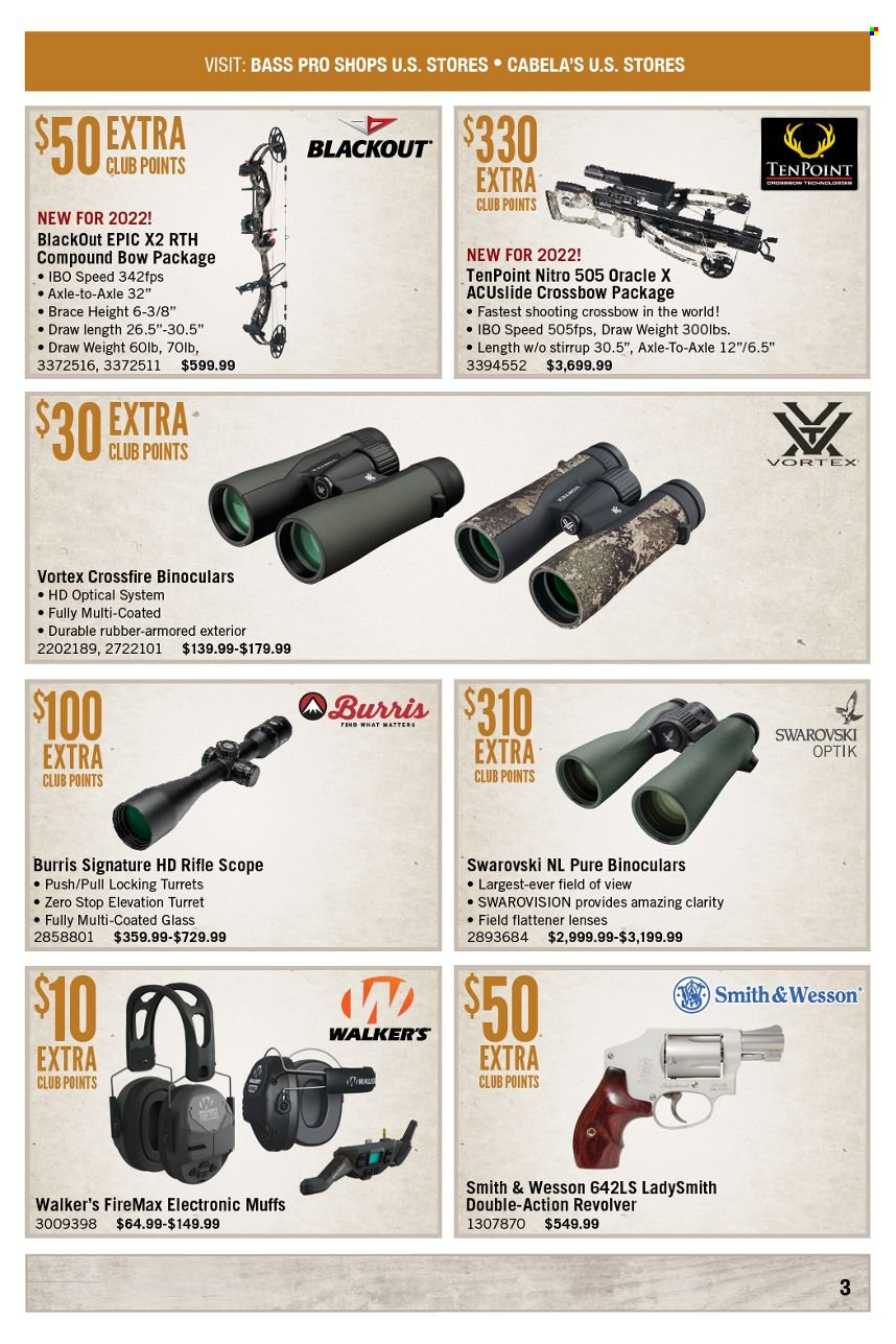 thumbnail - Cabela's Flyer - 05/01/2022 - 05/31/2022 - Sales products - lenses, Swarovski, Bass Pro, binoculars, riflescope, scope, blackout, compound bow. Page 3.