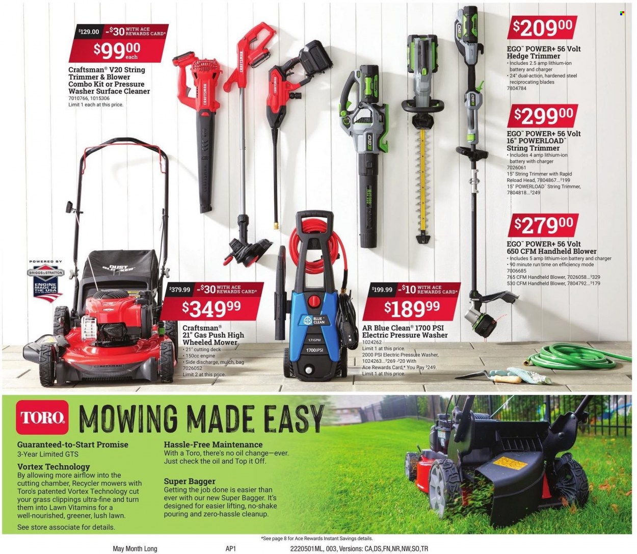 thumbnail - ACE Hardware Flyer - 05/01/2022 - 05/31/2022 - Sales products - Ego, surface cleaner, cleaner, bag, Craftsman, string trimmer, hedge trimmer, combo kit, blower, electric pressure washer, pressure washer, garden mulch. Page 3.