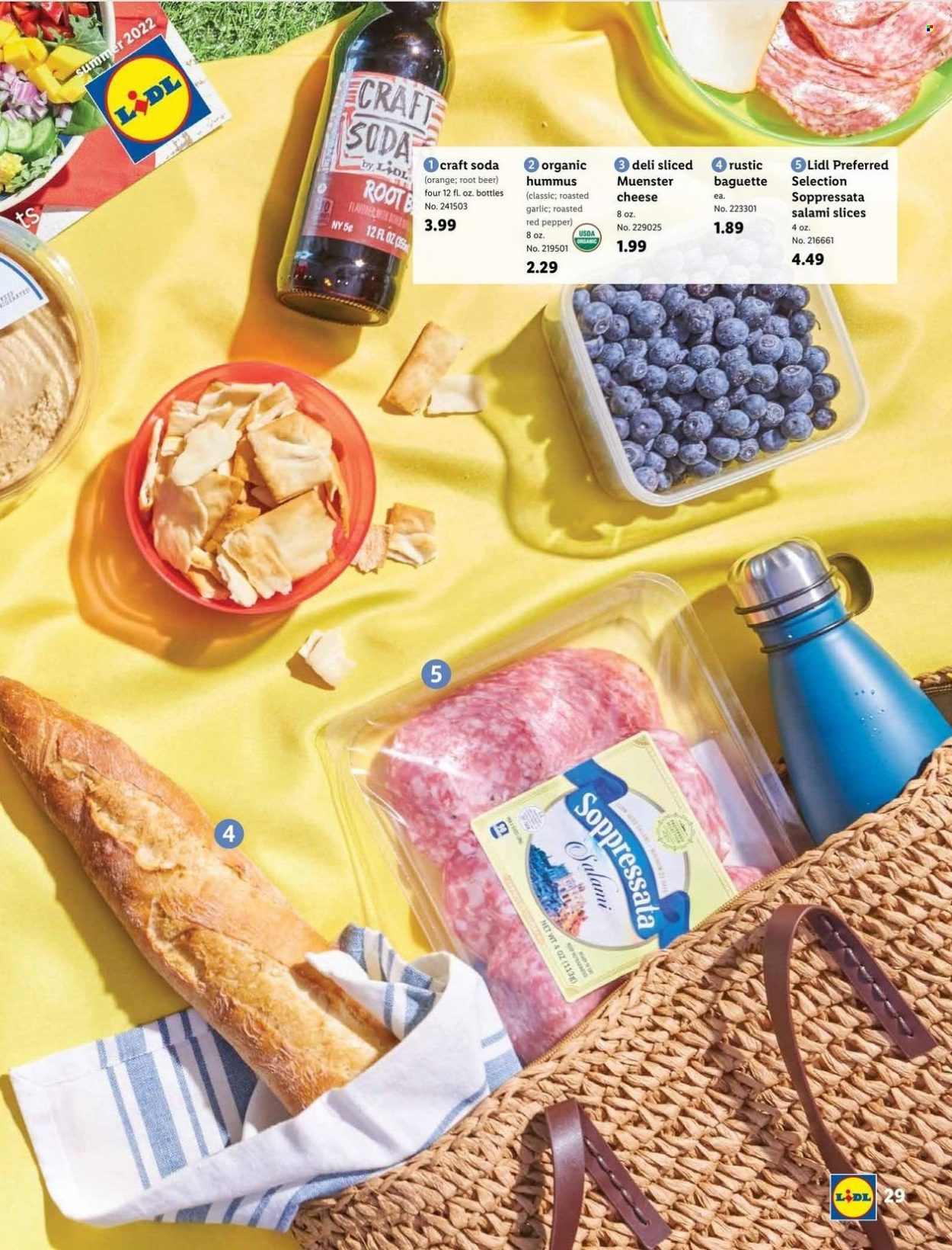 thumbnail - Lidl Flyer - 04/27/2022 - 06/14/2022 - Sales products - baguette, oranges, salami, soppressata, hummus, cheese, Münster cheese, soda, beer. Page 29.