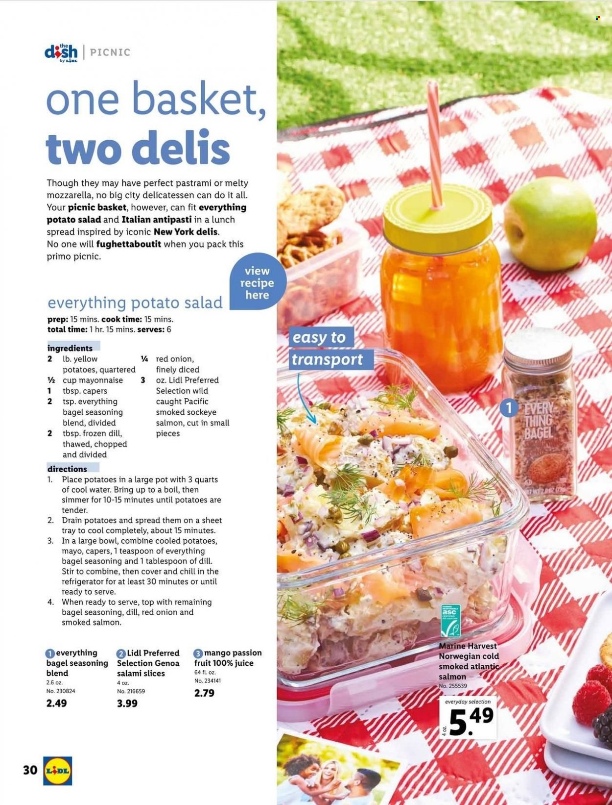 thumbnail - Lidl Flyer - 04/27/2022 - 06/14/2022 - Sales products - onion, salmon, smoked salmon, salami, pastrami, potato salad, mozzarella, capers, dill, spice, juice, beef meat, basket, pot, teaspoon, picnic basket. Page 30.