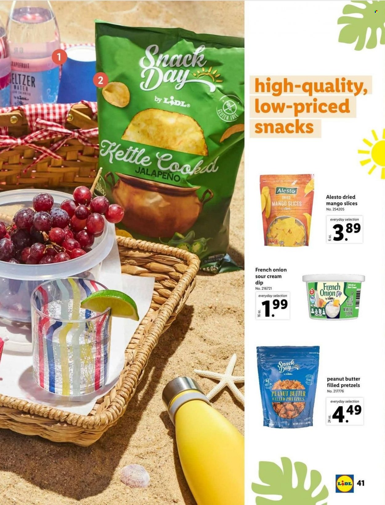thumbnail - Lidl Flyer - 04/27/2022 - 06/14/2022 - Sales products - pretzels, jalapeño, mango, sour cream, dip, snack, kettle, peanut butter, dried fruit. Page 41.