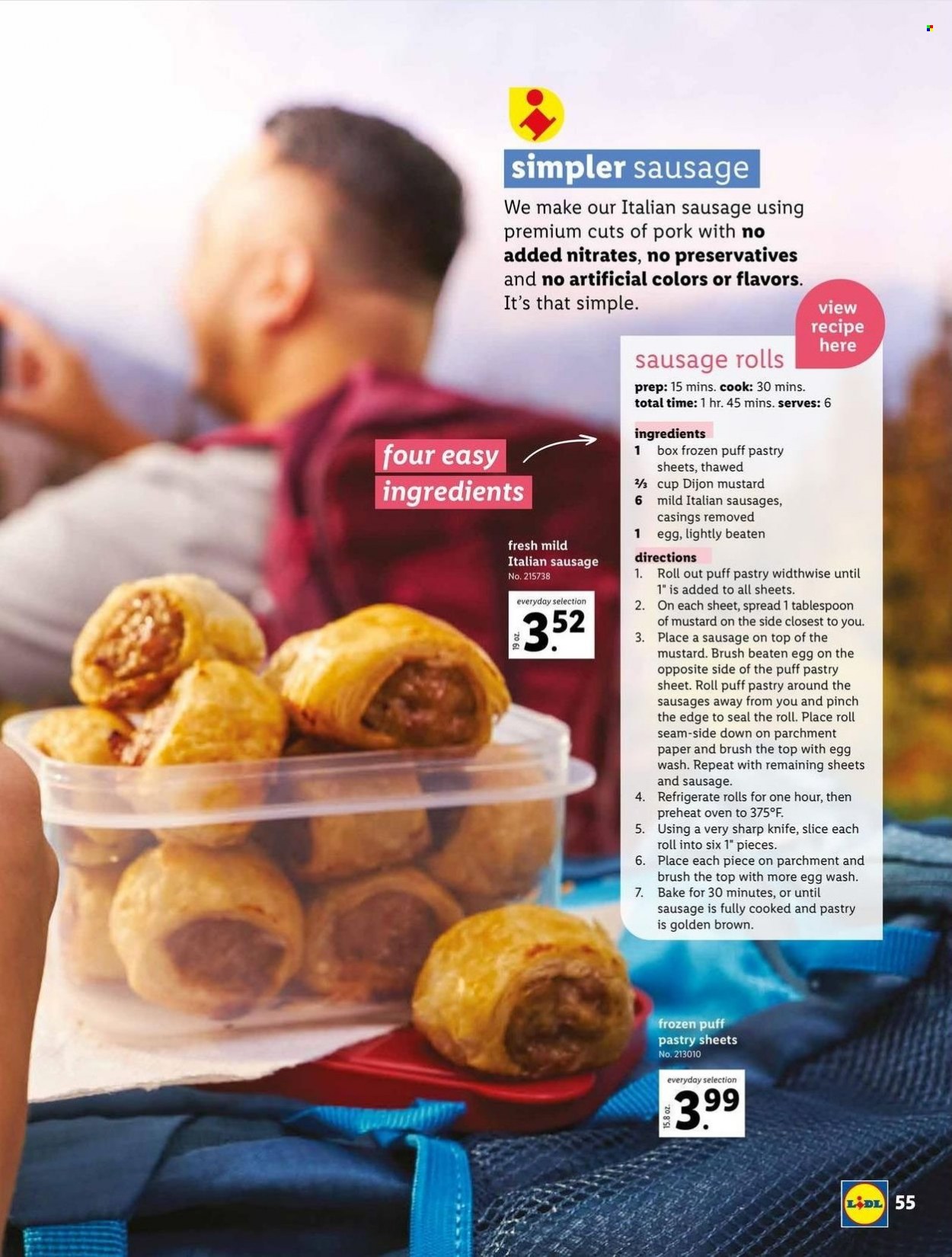 thumbnail - Lidl Flyer - 04/27/2022 - 06/14/2022 - Sales products - sausage rolls, sausage, italian sausage, mustard, brush, knife, cup, paper. Page 55.