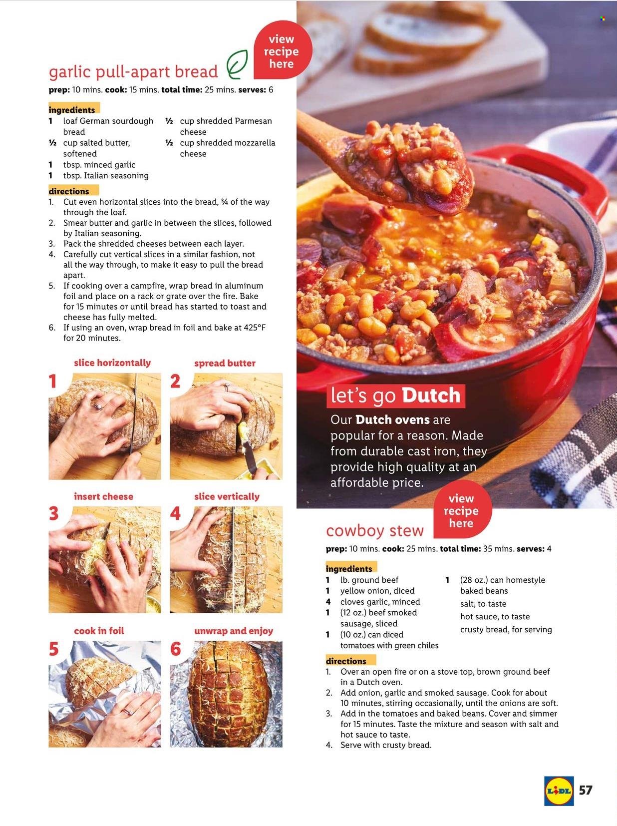 thumbnail - Lidl Flyer - 04/27/2022 - 06/14/2022 - Sales products - onion, sausage, smoked sausage, parmesan, salted butter, baked beans, diced tomatoes, cloves, spice, hot sauce, beef meat, ground beef, cast iron dutch oven, aluminium foil, stove. Page 57.
