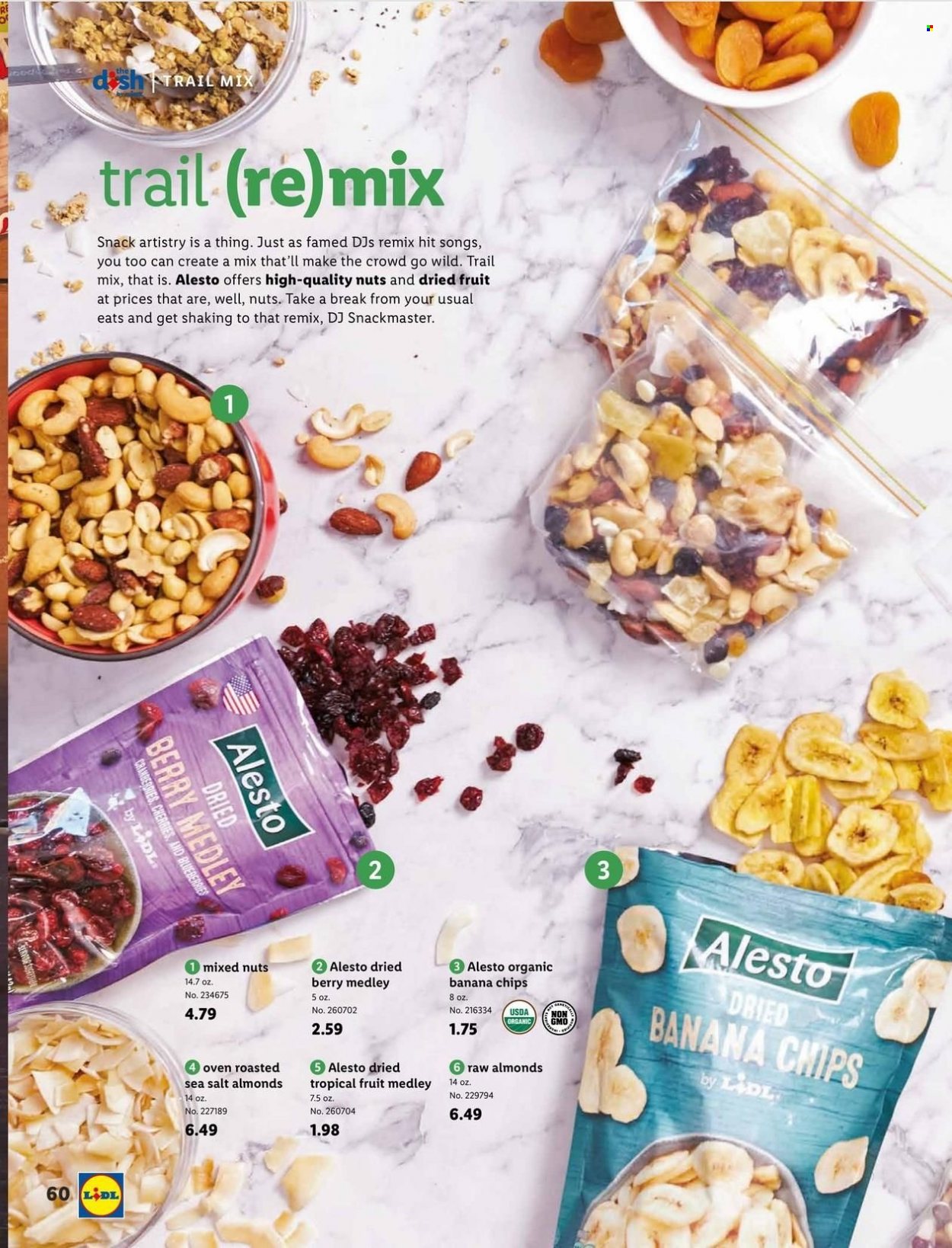 thumbnail - Lidl Flyer - 04/27/2022 - 06/14/2022 - Sales products - blueberries, snack, almonds, dried fruit, mixed nuts, banana chips, trail mix. Page 60.