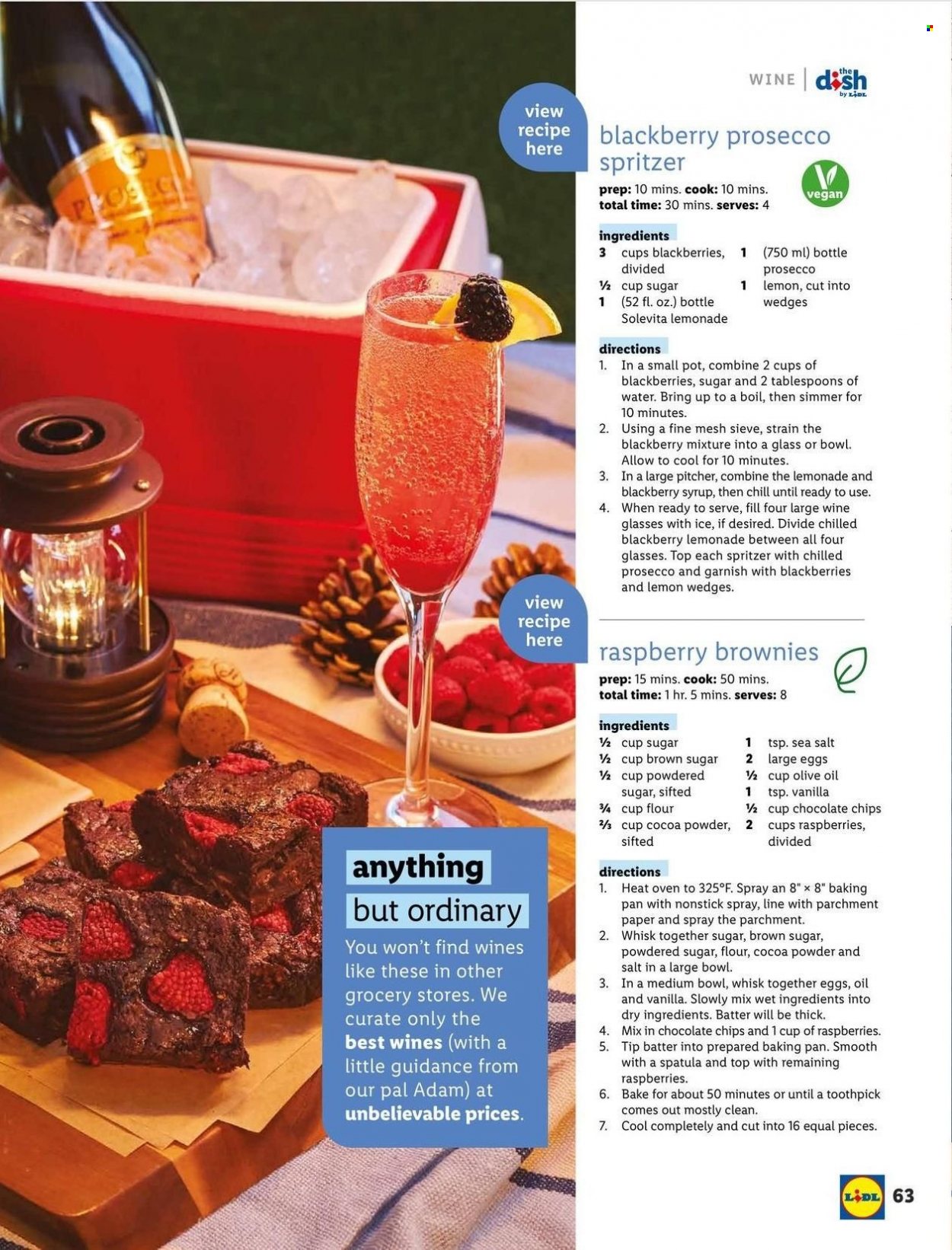 thumbnail - Lidl Flyer - 04/27/2022 - 06/14/2022 - Sales products - brownies, large eggs, cane sugar, flour, icing sugar, olive oil, syrup, lemonade, prosecco, wine, spatula, wine glass, pitcher, pot, paper. Page 63.